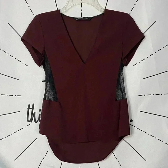 Zara Red Lace Insert V Neck Top - Picture 2 of 5